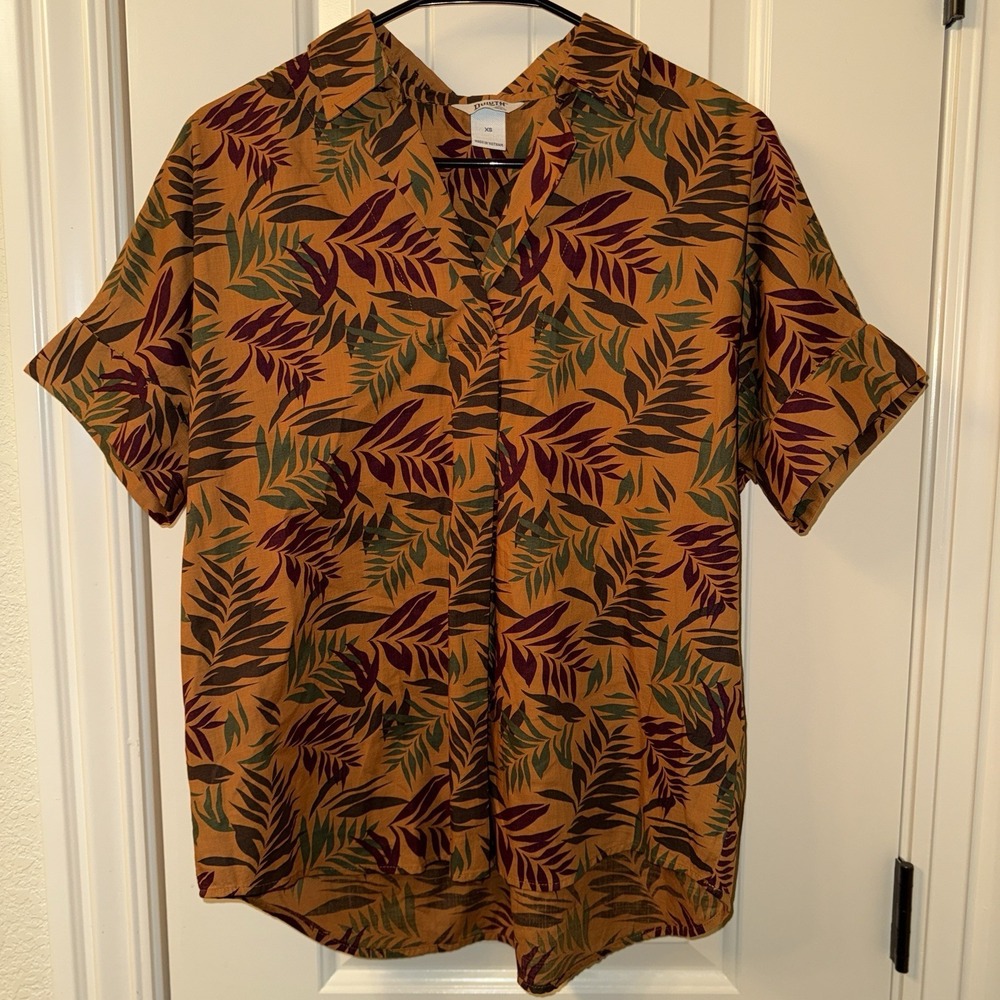 Duluth Trading Co Printmaker Shirt Women XS Organic Cotton Tropical Leaf Mustard